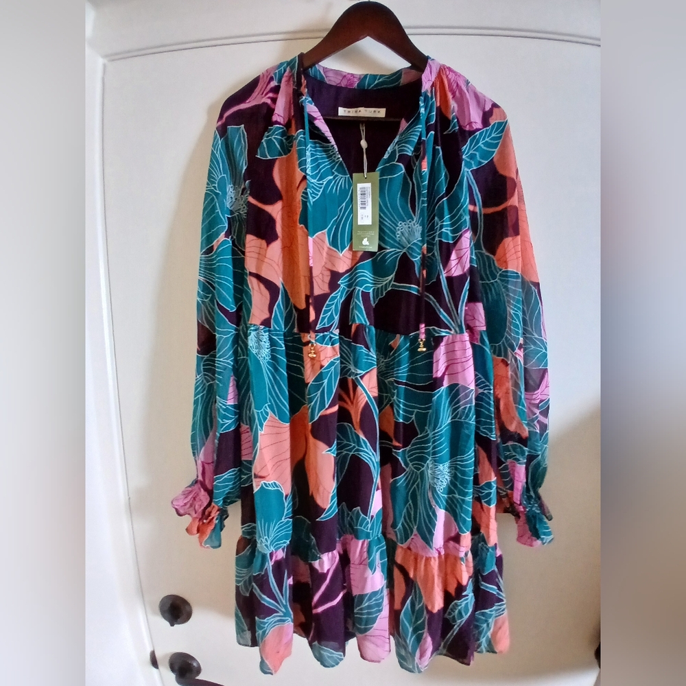Nwt-Trina Turk Floral Multicolor Long Sleeve Lined Flowy Dress